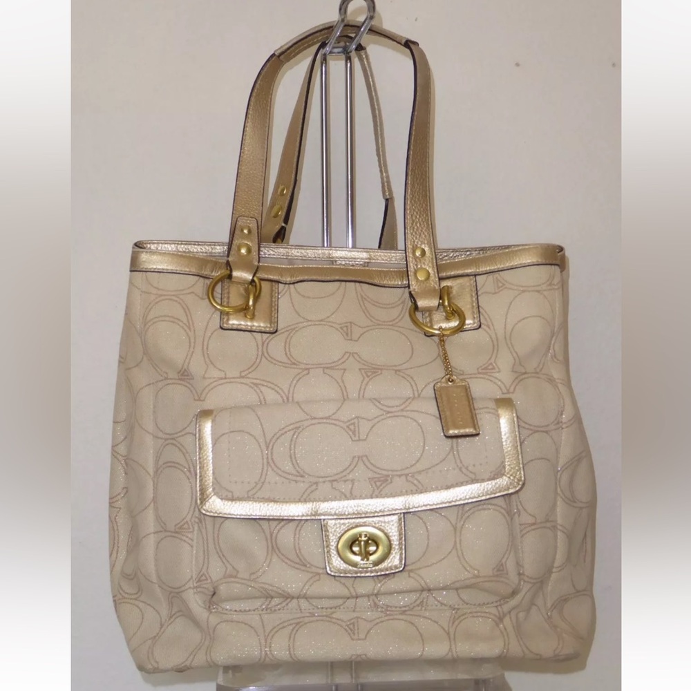 AUTHENTIC COACH C SIGNATURE PENELOPE GOLD AND BEIGE CANVAS SHOULDER HANDBAG